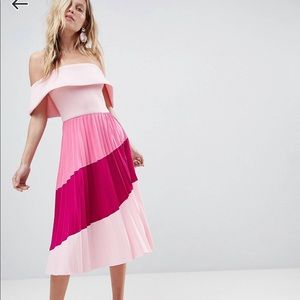ASOS scuba bardot color block pleated midi dress